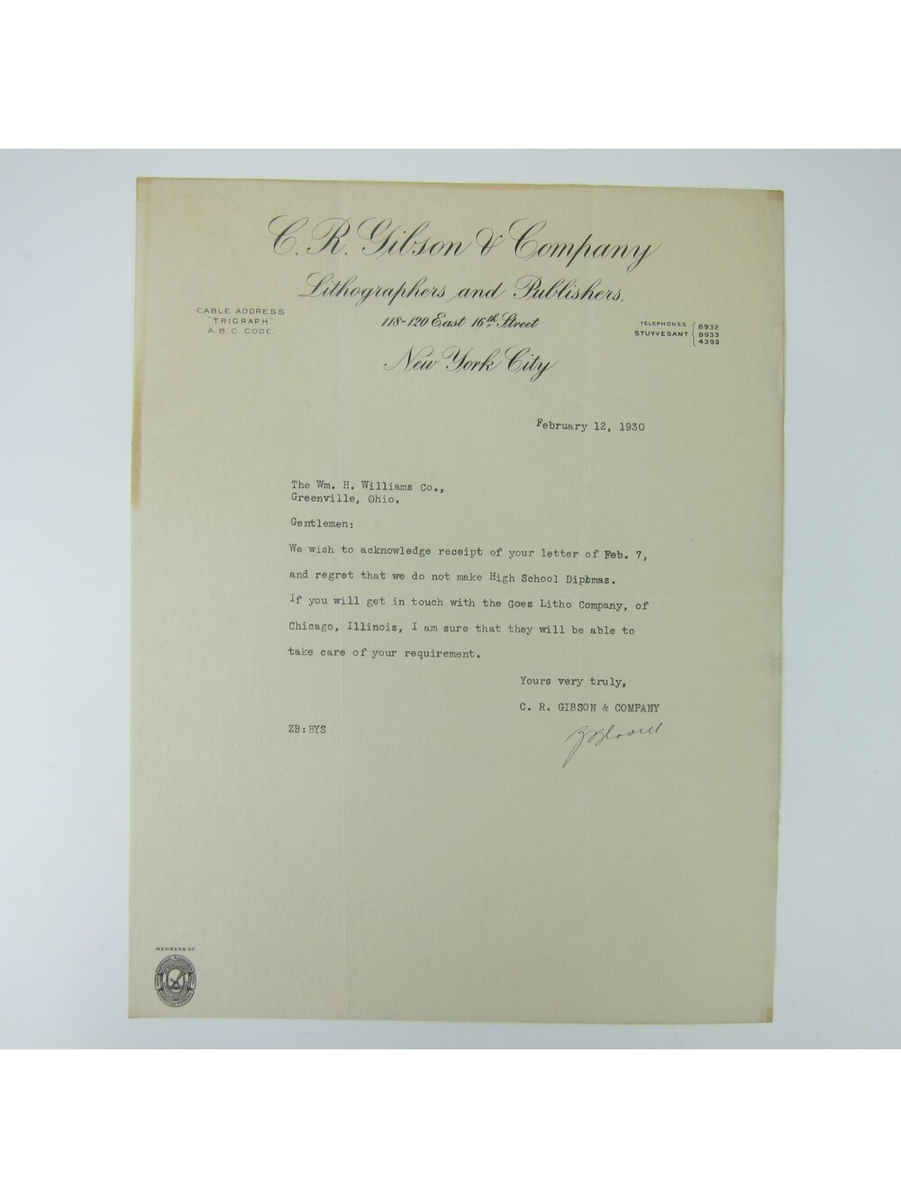 Vintage 1930 Letterhead Signed C.R. Gibson & Company Lithographer New York City